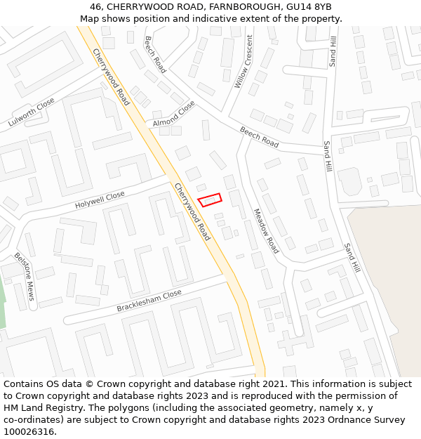 46, CHERRYWOOD ROAD, FARNBOROUGH, GU14 8YB: Location map and indicative extent of plot