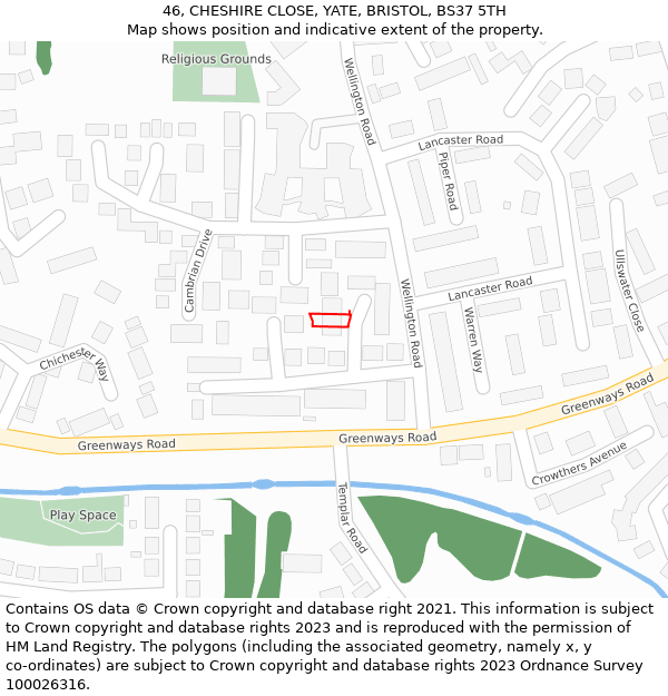 46, CHESHIRE CLOSE, YATE, BRISTOL, BS37 5TH: Location map and indicative extent of plot