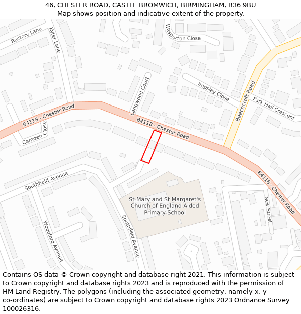 46, CHESTER ROAD, CASTLE BROMWICH, BIRMINGHAM, B36 9BU: Location map and indicative extent of plot