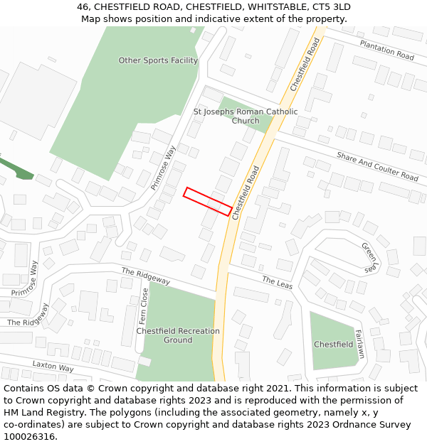 46, CHESTFIELD ROAD, CHESTFIELD, WHITSTABLE, CT5 3LD: Location map and indicative extent of plot