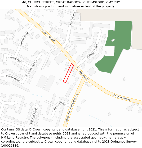46, CHURCH STREET, GREAT BADDOW, CHELMSFORD, CM2 7HY: Location map and indicative extent of plot