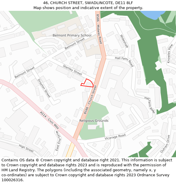 46, CHURCH STREET, SWADLINCOTE, DE11 8LF: Location map and indicative extent of plot