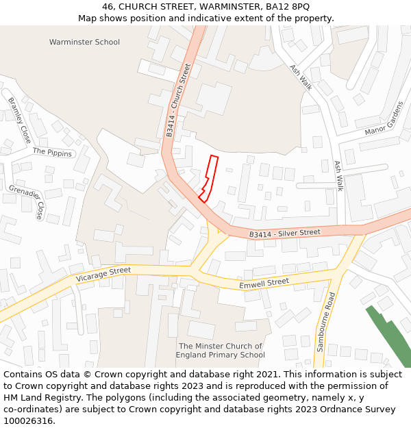 46, CHURCH STREET, WARMINSTER, BA12 8PQ: Location map and indicative extent of plot