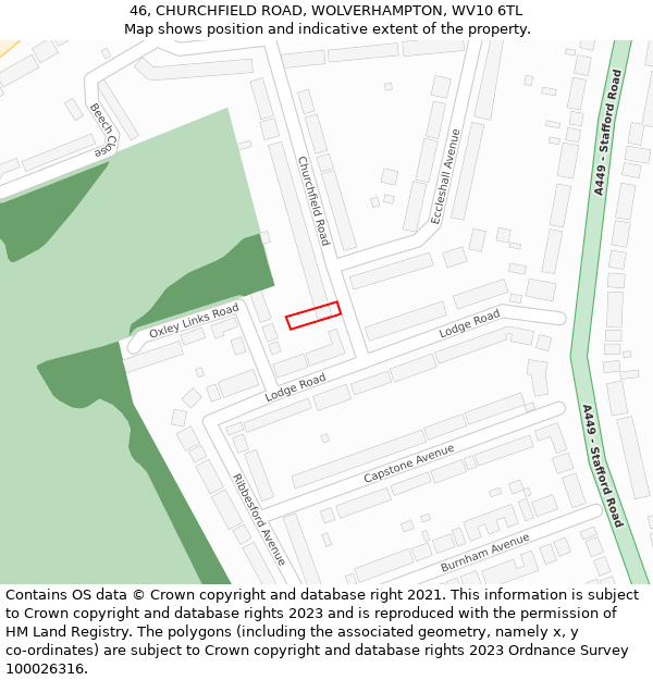 46, CHURCHFIELD ROAD, WOLVERHAMPTON, WV10 6TL: Location map and indicative extent of plot