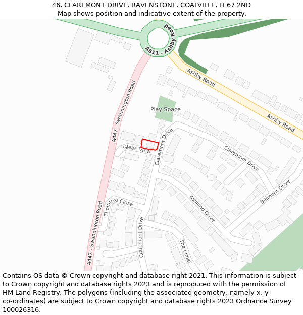 46, CLAREMONT DRIVE, RAVENSTONE, COALVILLE, LE67 2ND: Location map and indicative extent of plot