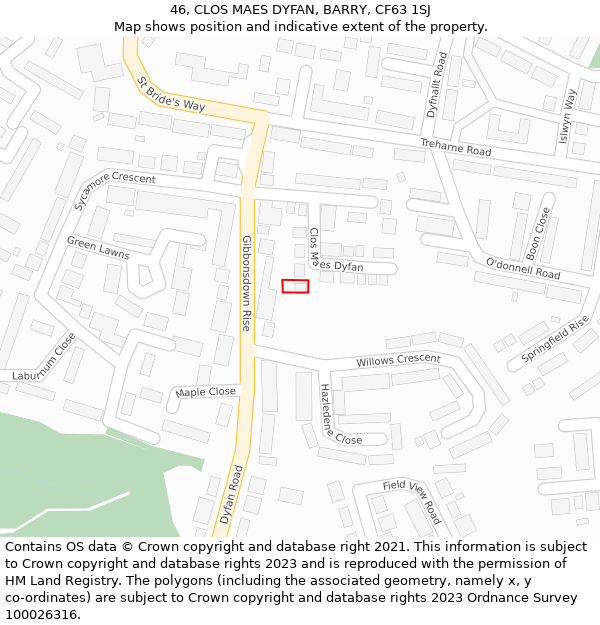 46, CLOS MAES DYFAN, BARRY, CF63 1SJ: Location map and indicative extent of plot