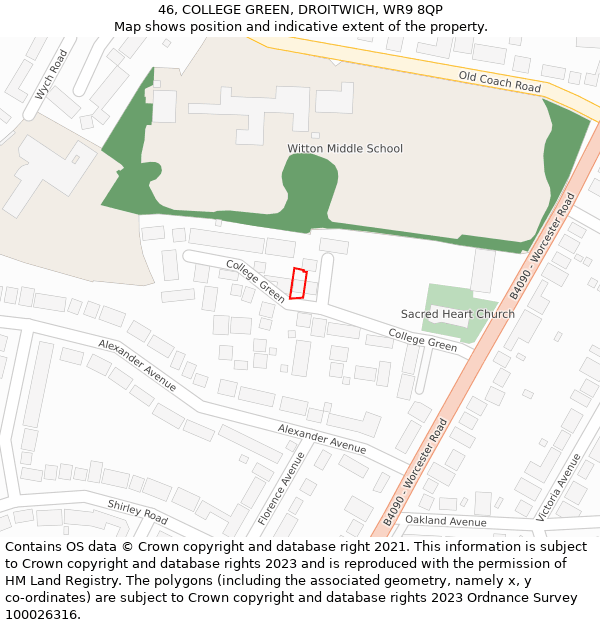 46, COLLEGE GREEN, DROITWICH, WR9 8QP: Location map and indicative extent of plot