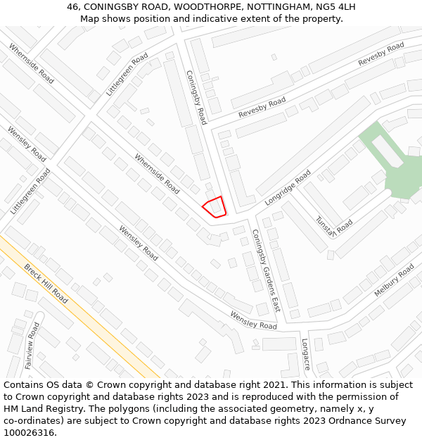 46, CONINGSBY ROAD, WOODTHORPE, NOTTINGHAM, NG5 4LH: Location map and indicative extent of plot