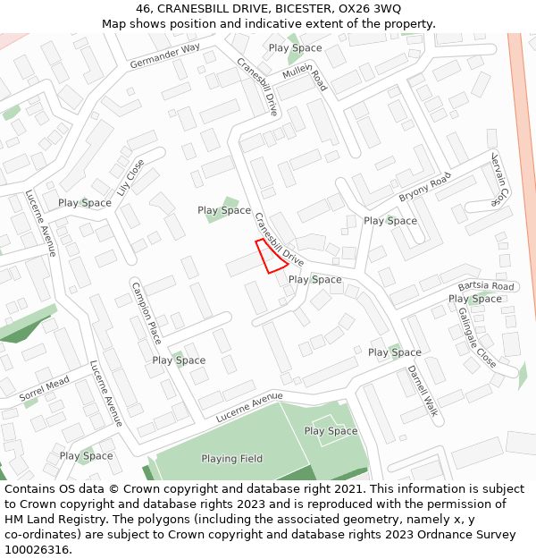 46, CRANESBILL DRIVE, BICESTER, OX26 3WQ: Location map and indicative extent of plot