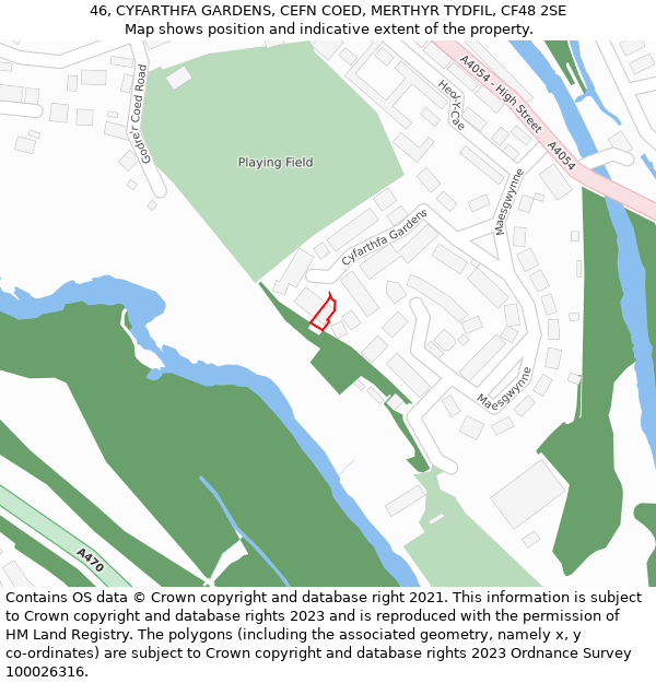 46, CYFARTHFA GARDENS, CEFN COED, MERTHYR TYDFIL, CF48 2SE: Location map and indicative extent of plot