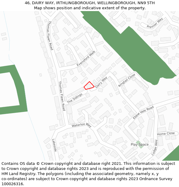 46, DAIRY WAY, IRTHLINGBOROUGH, WELLINGBOROUGH, NN9 5TH: Location map and indicative extent of plot