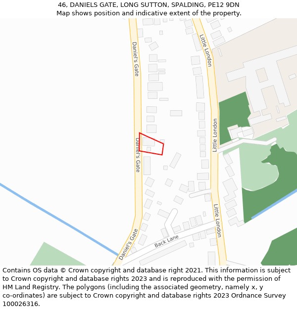 46, DANIELS GATE, LONG SUTTON, SPALDING, PE12 9DN: Location map and indicative extent of plot