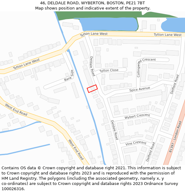 46, DELDALE ROAD, WYBERTON, BOSTON, PE21 7BT: Location map and indicative extent of plot