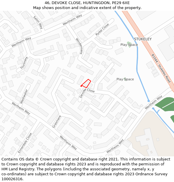 46, DEVOKE CLOSE, HUNTINGDON, PE29 6XE: Location map and indicative extent of plot