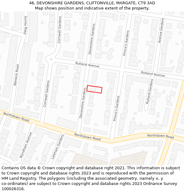 46, DEVONSHIRE GARDENS, CLIFTONVILLE, MARGATE, CT9 3AD: Location map and indicative extent of plot