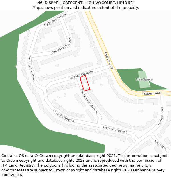 46, DISRAELI CRESCENT, HIGH WYCOMBE, HP13 5EJ: Location map and indicative extent of plot