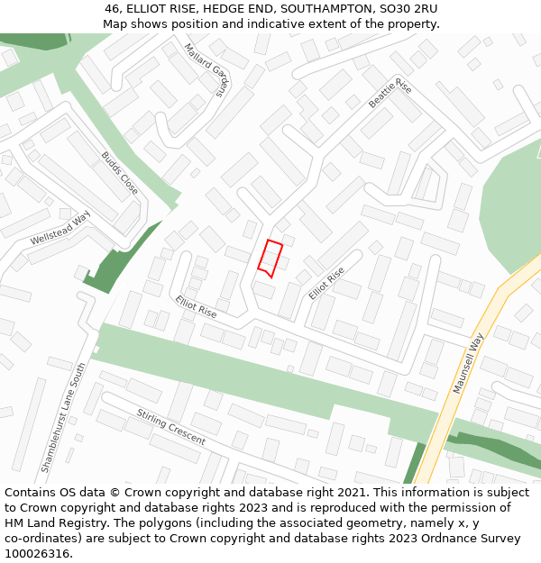 46, ELLIOT RISE, HEDGE END, SOUTHAMPTON, SO30 2RU: Location map and indicative extent of plot