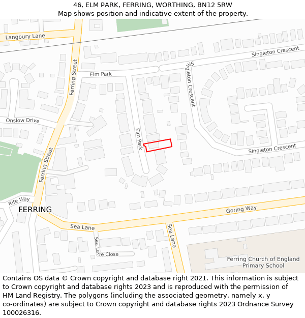 46, ELM PARK, FERRING, WORTHING, BN12 5RW: Location map and indicative extent of plot