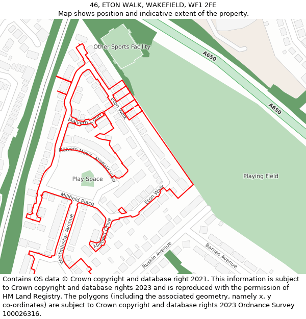 46, ETON WALK, WAKEFIELD, WF1 2FE: Location map and indicative extent of plot