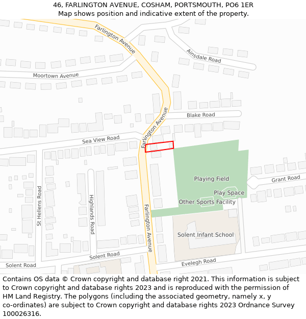 46, FARLINGTON AVENUE, COSHAM, PORTSMOUTH, PO6 1ER: Location map and indicative extent of plot