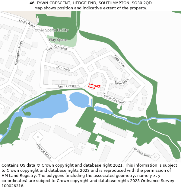 46, FAWN CRESCENT, HEDGE END, SOUTHAMPTON, SO30 2QD: Location map and indicative extent of plot