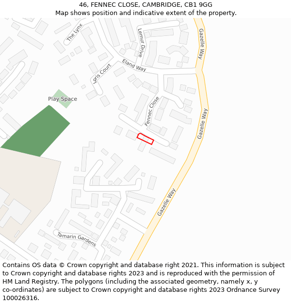 46, FENNEC CLOSE, CAMBRIDGE, CB1 9GG: Location map and indicative extent of plot