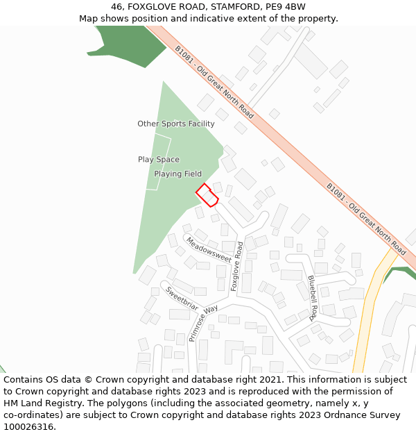 46, FOXGLOVE ROAD, STAMFORD, PE9 4BW: Location map and indicative extent of plot