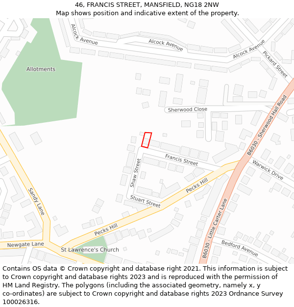 46, FRANCIS STREET, MANSFIELD, NG18 2NW: Location map and indicative extent of plot