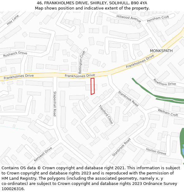 46, FRANKHOLMES DRIVE, SHIRLEY, SOLIHULL, B90 4YA: Location map and indicative extent of plot