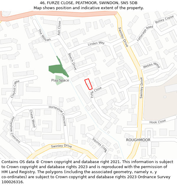 46, FURZE CLOSE, PEATMOOR, SWINDON, SN5 5DB: Location map and indicative extent of plot