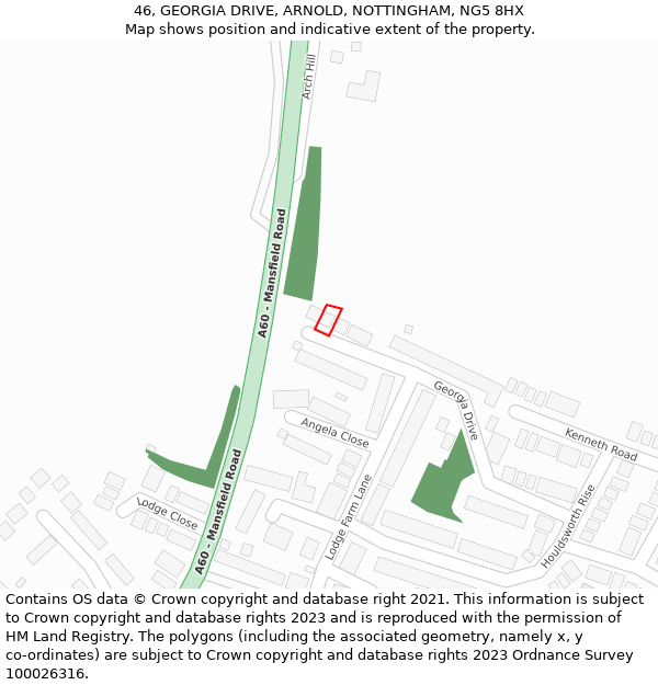 46, GEORGIA DRIVE, ARNOLD, NOTTINGHAM, NG5 8HX: Location map and indicative extent of plot