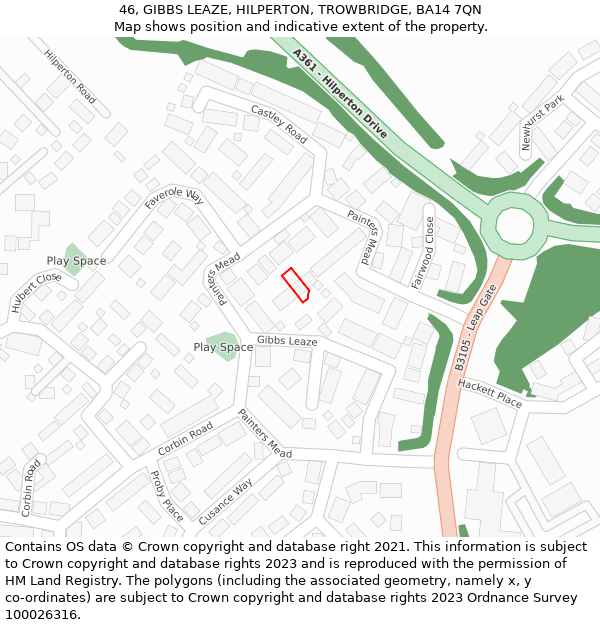 46, GIBBS LEAZE, HILPERTON, TROWBRIDGE, BA14 7QN: Location map and indicative extent of plot