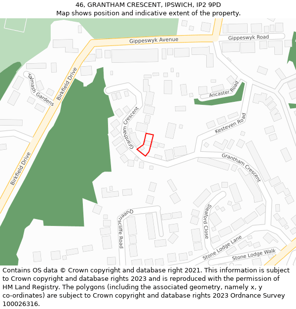 46, GRANTHAM CRESCENT, IPSWICH, IP2 9PD: Location map and indicative extent of plot
