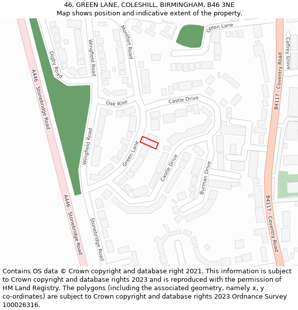 46, GREEN LANE, COLESHILL, BIRMINGHAM, B46 3NE: Location map and indicative extent of plot