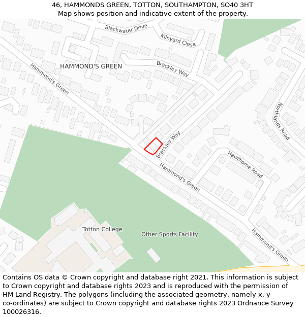 46, HAMMONDS GREEN, TOTTON, SOUTHAMPTON, SO40 3HT: Location map and indicative extent of plot