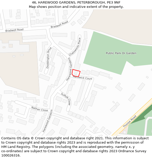 46, HAREWOOD GARDENS, PETERBOROUGH, PE3 9NF: Location map and indicative extent of plot