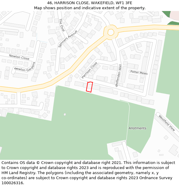 46, HARRISON CLOSE, WAKEFIELD, WF1 3FE: Location map and indicative extent of plot