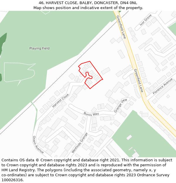 46, HARVEST CLOSE, BALBY, DONCASTER, DN4 0NL: Location map and indicative extent of plot