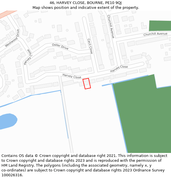 46, HARVEY CLOSE, BOURNE, PE10 9QJ: Location map and indicative extent of plot