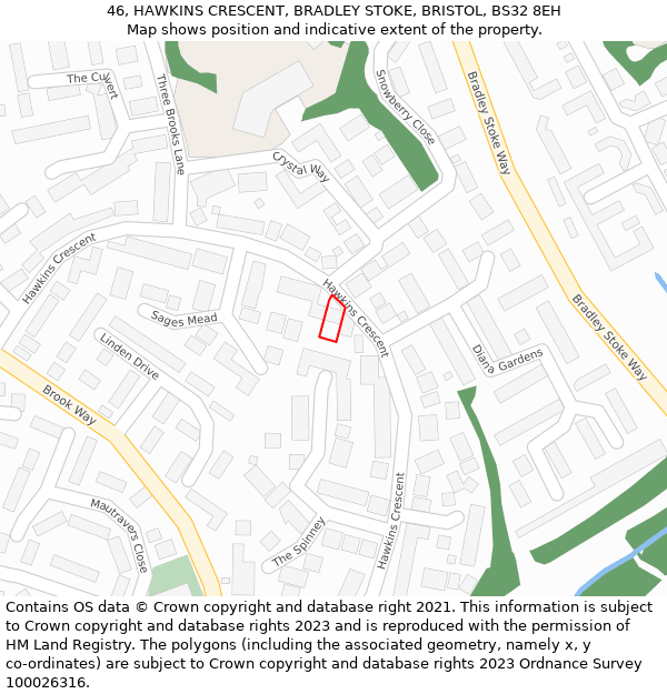 46, HAWKINS CRESCENT, BRADLEY STOKE, BRISTOL, BS32 8EH: Location map and indicative extent of plot