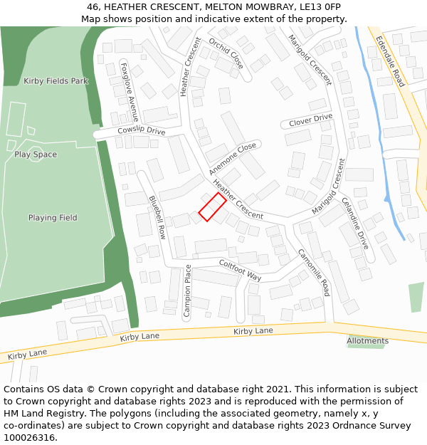 46, HEATHER CRESCENT, MELTON MOWBRAY, LE13 0FP: Location map and indicative extent of plot