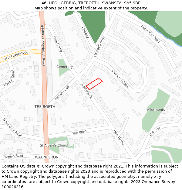 46, HEOL GERRIG, TREBOETH, SWANSEA, SA5 9BP: Location map and indicative extent of plot