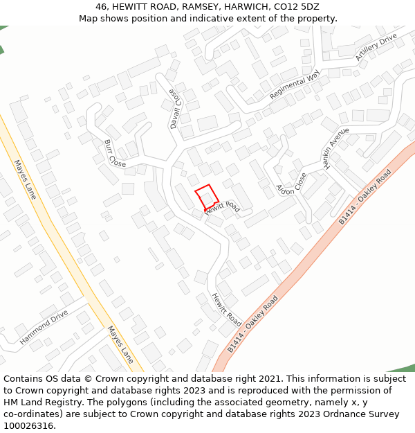 46, HEWITT ROAD, RAMSEY, HARWICH, CO12 5DZ: Location map and indicative extent of plot