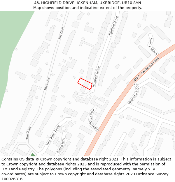 46, HIGHFIELD DRIVE, ICKENHAM, UXBRIDGE, UB10 8AN: Location map and indicative extent of plot