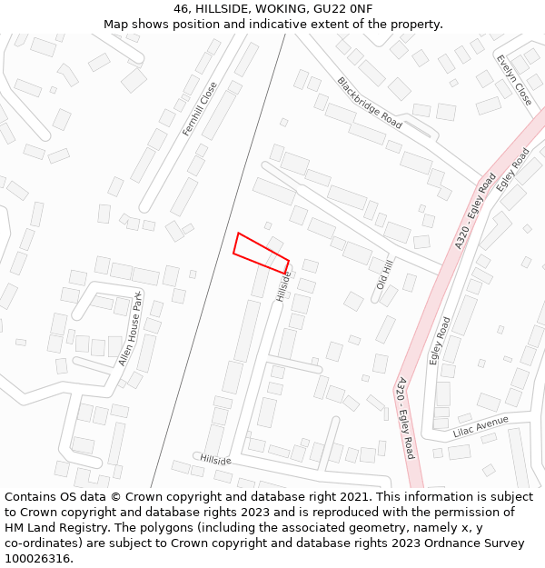 46, HILLSIDE, WOKING, GU22 0NF: Location map and indicative extent of plot