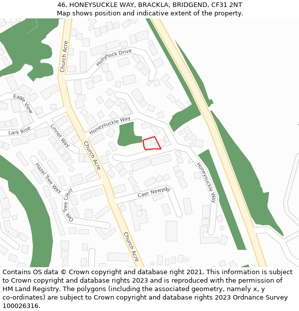 46, HONEYSUCKLE WAY, BRACKLA, BRIDGEND, CF31 2NT: Location map and indicative extent of plot