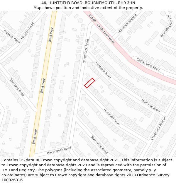 46, HUNTFIELD ROAD, BOURNEMOUTH, BH9 3HN: Location map and indicative extent of plot