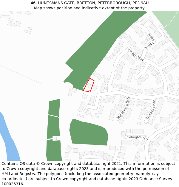 46, HUNTSMANS GATE, BRETTON, PETERBOROUGH, PE3 9AU: Location map and indicative extent of plot