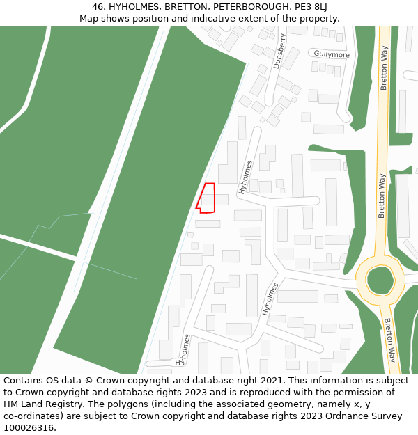 46, HYHOLMES, BRETTON, PETERBOROUGH, PE3 8LJ: Location map and indicative extent of plot