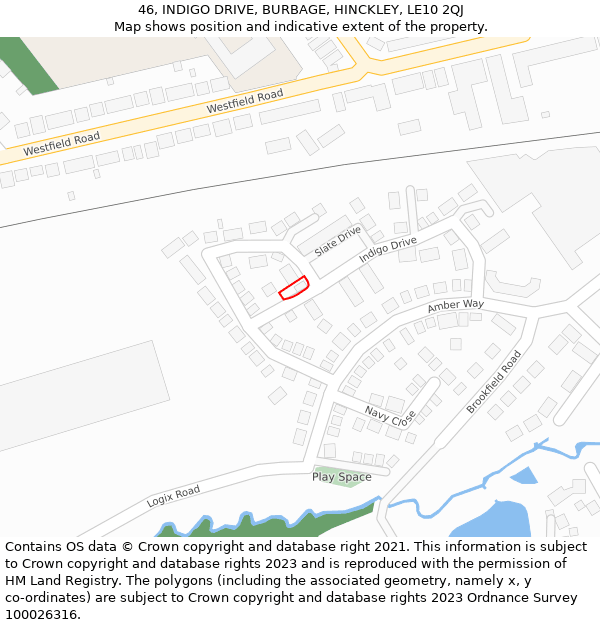 46, INDIGO DRIVE, BURBAGE, HINCKLEY, LE10 2QJ: Location map and indicative extent of plot